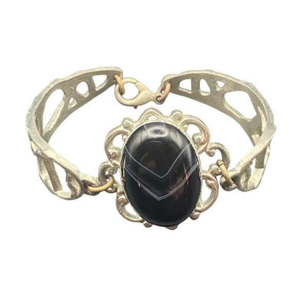 Armuna Jewelry - Vintage Black Onyx Cabochon Silver Plated Bracelet Signed Armuna Mexico Artisan